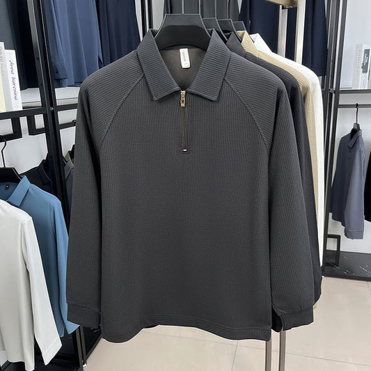 Mens Long-Sleeve Waffle-Textured American-Style Half-Zip Polo Shirt
