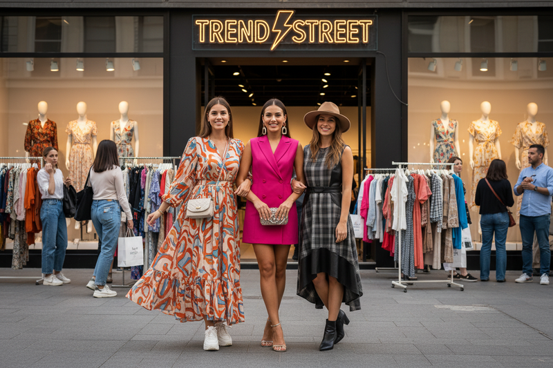 3-4 girls in stylish dresses in background street full of clothes with brand name Trend Streat 